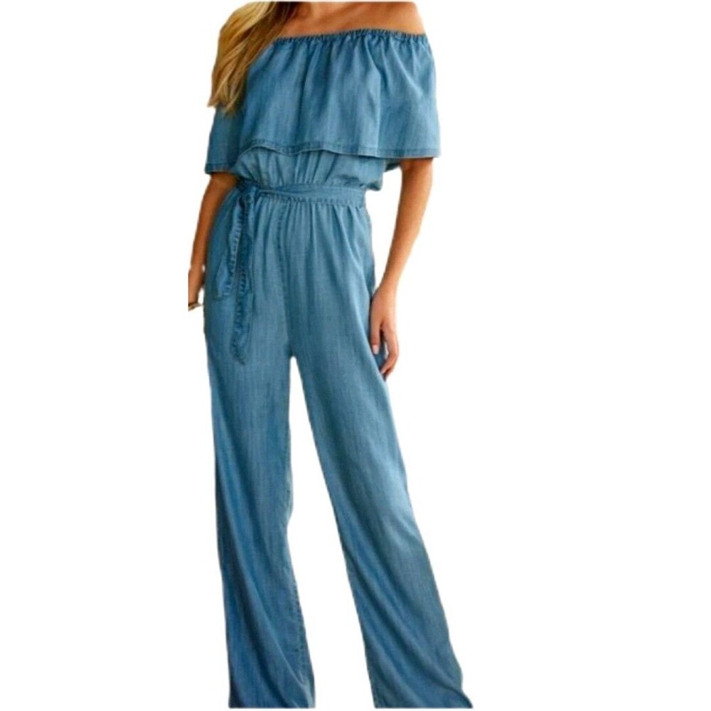 Boston Proper blue chambray denim Off-Shoulder Ruffle Wide-Leg Jumpsuit S